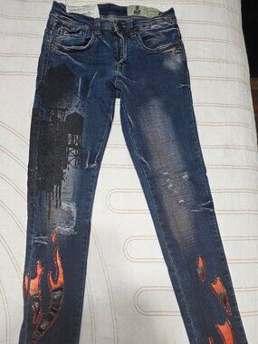 Industrial Indigo Vintage Retro Y2K Flame Jeweled Jeans Women's Size 28" Waist